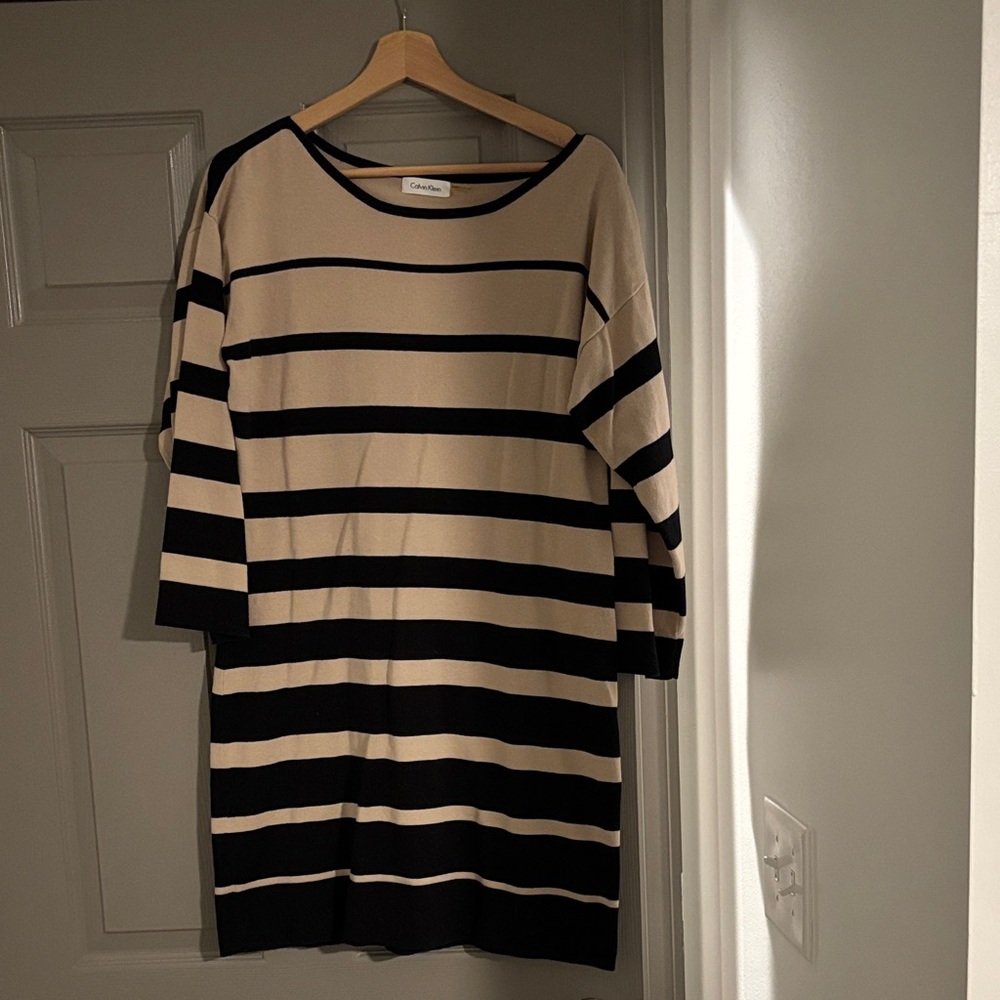 Calvin Klein Black and Tan Striped Long Sleeve Dress
